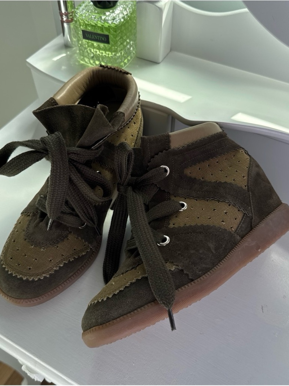Isabel Marant Bobby Wedge Sneaker Olive and Chocolate Brown High-Top Sneakers